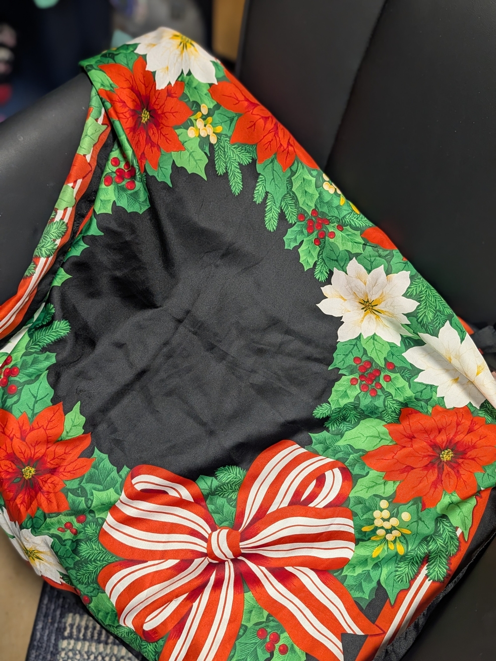 Avon Black Scarf with Red, Green, White Holiday Floral Design
